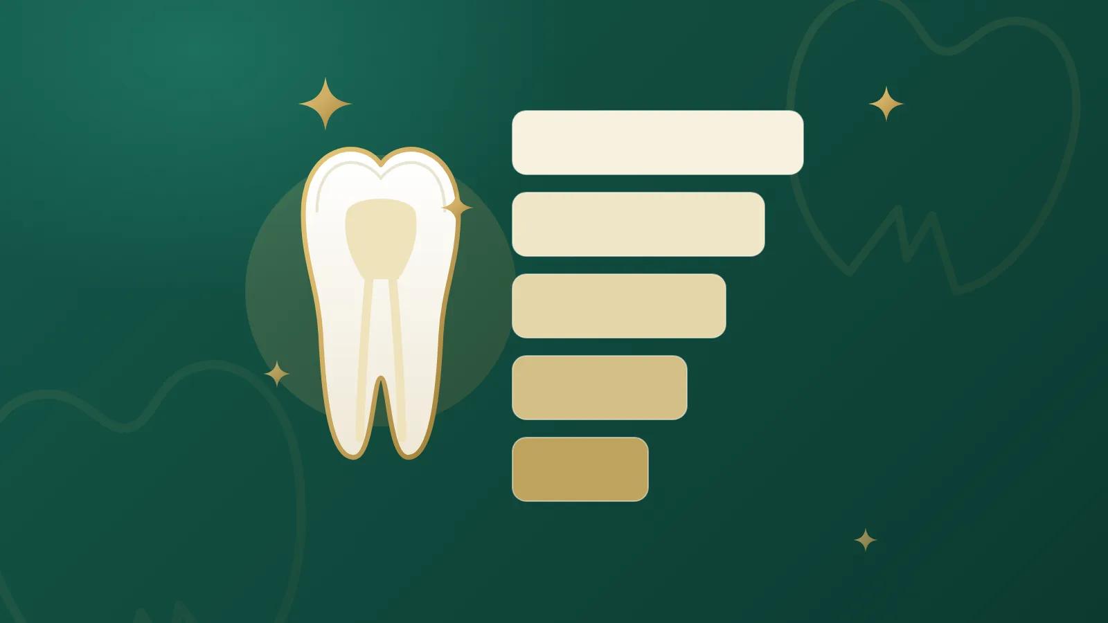 Illustration of a tooth beside a ladder of tooth shades from light to darker, with gold sparkles, in emerald and gold